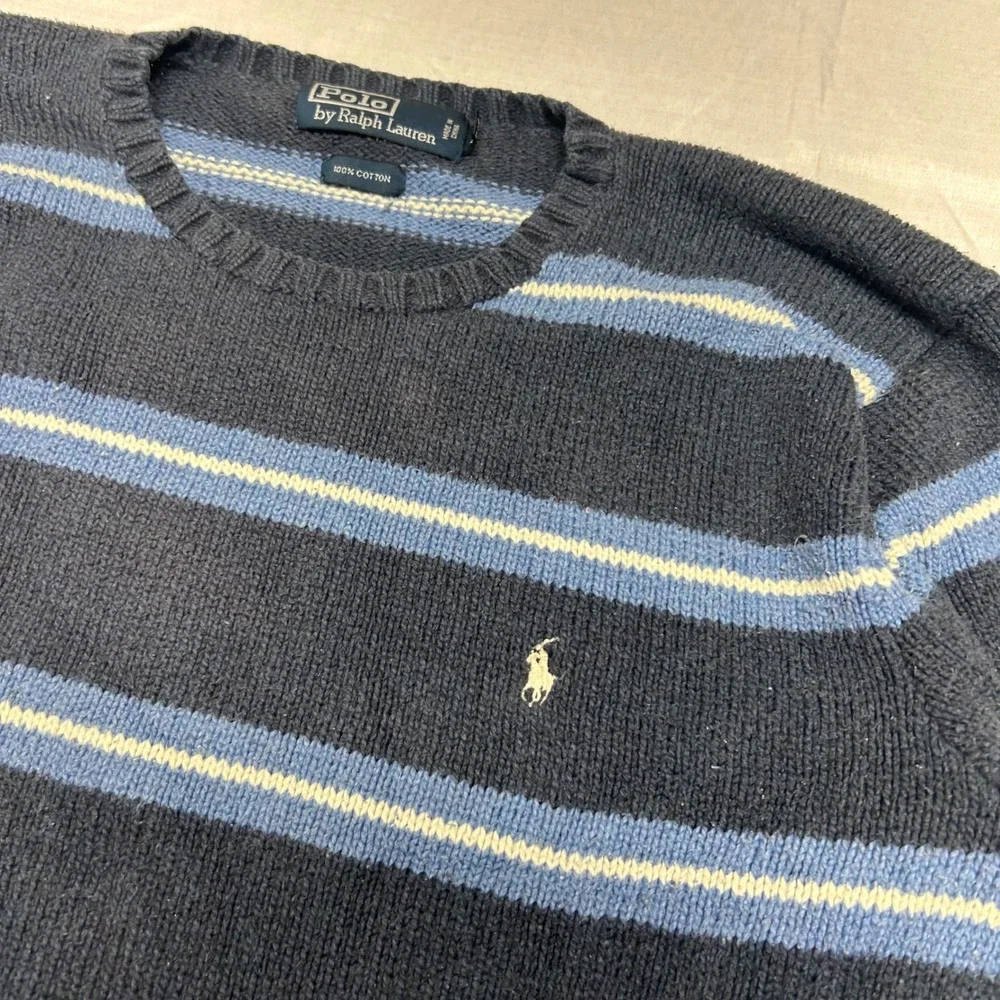 Polo Ralph Lauren Mens XL Blue Striped 100% Cotton Crewneck Sweater Pony Logo